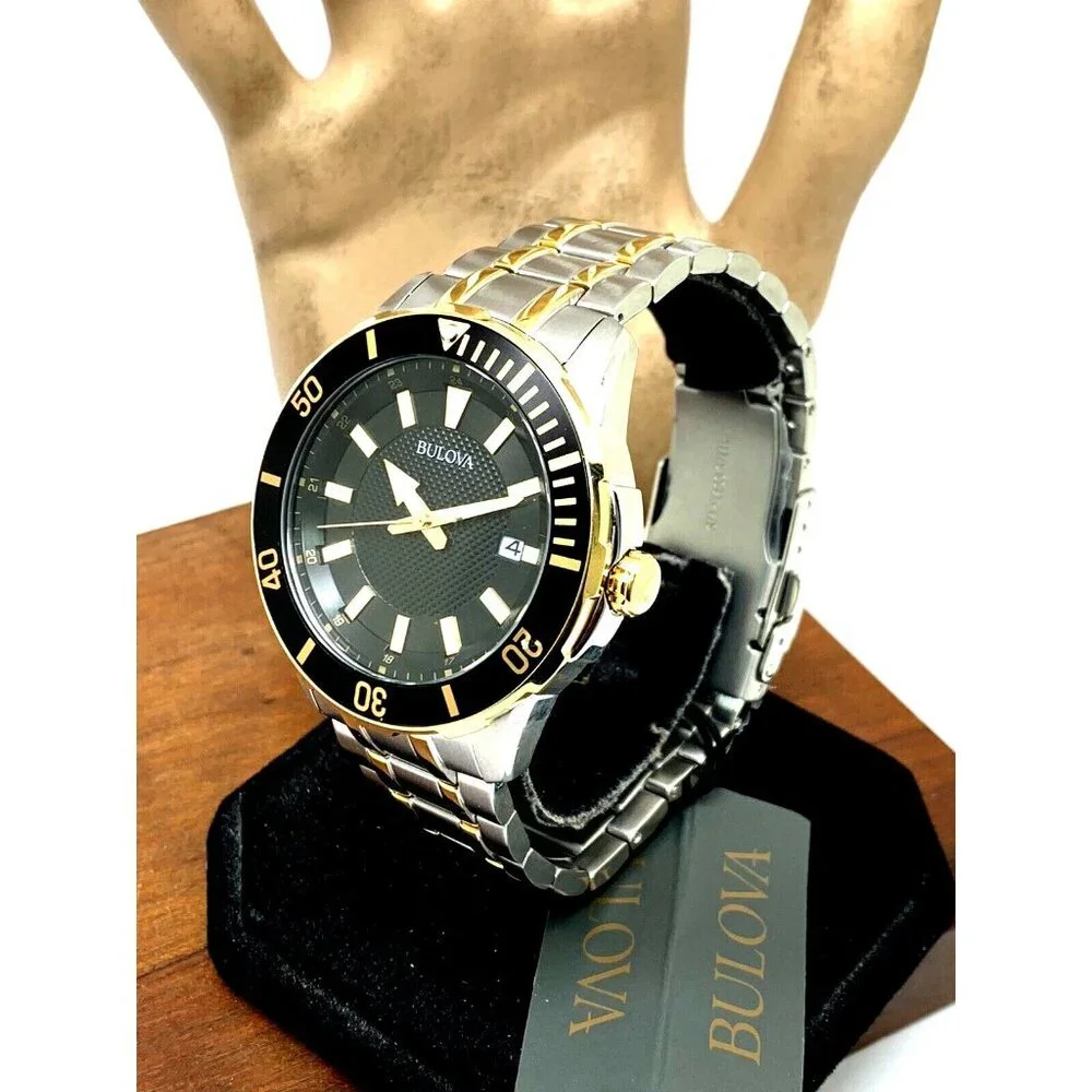 Bulova Men's Watch 98B394 Black Dial Date Quartz Two Tone Stainless Steel 44mm